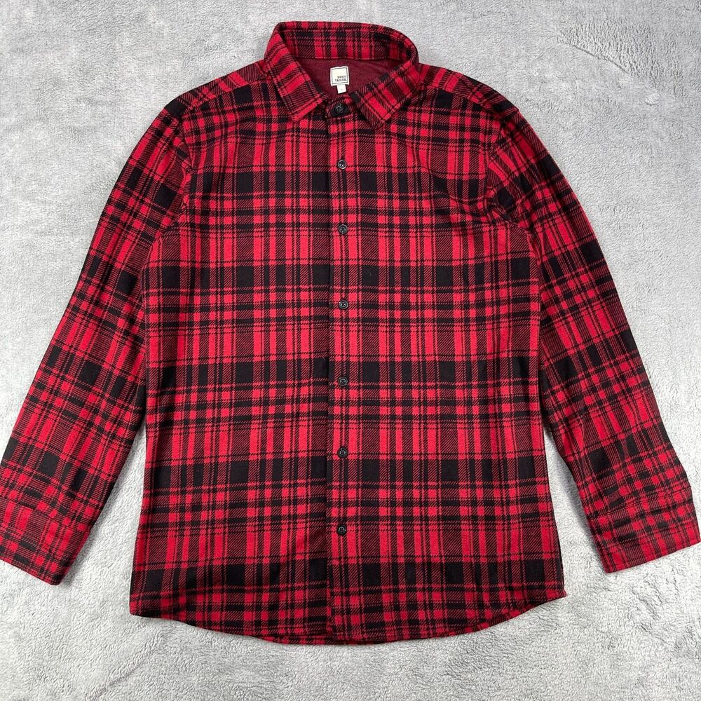 Swet Tailor Shirt Men's Large Red Black Flannel Plaid Stretch Knit Button-Up